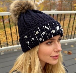 NWT Womens Faux Fur Large PomPom Rhinestones Beanie Hat Ski SlouchyCap WarmJY 72